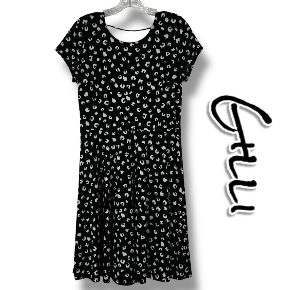 Gilli Nancy Faux Printed Black White Knee Length Dress Scoop Back Womens Sz L - Picture 1 of 11